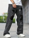 Men's Streetwear Loose Fit Distressed Baggy Ripped Jeans with Patches