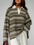 Women's Striped Rugby Shirt Long Sleeve Oversized Polo Top