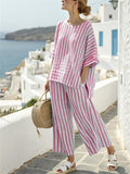 Women's 2pcs Summer Casual Stripe Short Sleeve Top & Pants Set