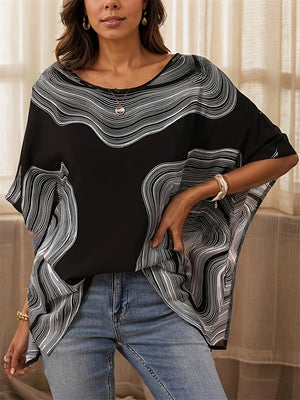 Women's Summer Retro Geometry Print BatWing Sleeve Shirt