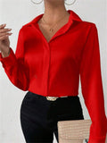 Ladies' Elegant Solid Color Button Up Satin Blouses