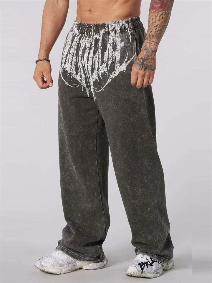Men's Casual Printed Sports Elastic Waist Wide Leg Straight Trousers