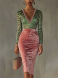 Long Sleeve Green Leopard Print and Pink Velvet Patchwork Pencil Dress for Women