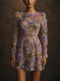 Women 3D Floral Embroidered Long Sleeve Mesh Mini Dress