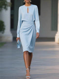 Ladies' Elegant Solid Color Pleated Waist Round Neck Long Sleeve Dress