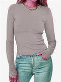 Women's Solid Color Round Neck Long-sleeved Pit Stripe Shirts