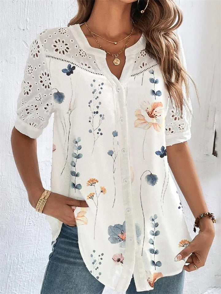 Ladies Popular Silky Flower Print Short Sleeves Blouse