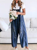 Female ClassicCasual Solid Color Ripped Denim Overall Jumpsuits