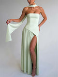 Women's Trendy Solid Color Strapless High Split Evening Dress