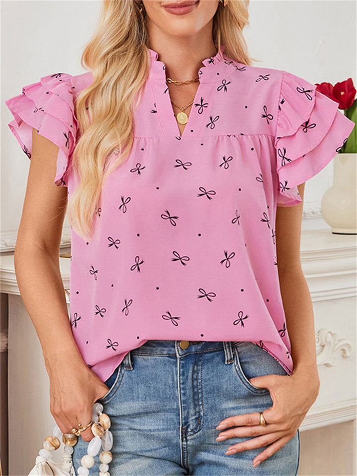 Women's Summer Bowtie Print V neck Lotus Sleeve Chiffon Shirts
