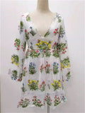 Women's Sexy V Neck Embroidery Lantern Sleeve Fairy Mesh Dress