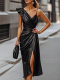 Women's Black Solid Color Asymmetric Shoulder Strap Split Dress