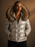 Women Shiny Faux Fur Hood Winter Puffer Parka Coats
