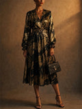 Women Gold Black Metallic V Neck Long Sleeve Cocktail Dress