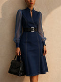 Women Sheer Mesh Puff Sleeve Belted Denim Midi Dress