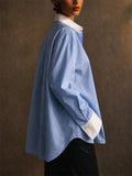 Women Light Blue Contrast Collar Oversized Button Down Shirt