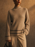 Women Mock Neck Ribbed Knit Sweater with Stripe Detail