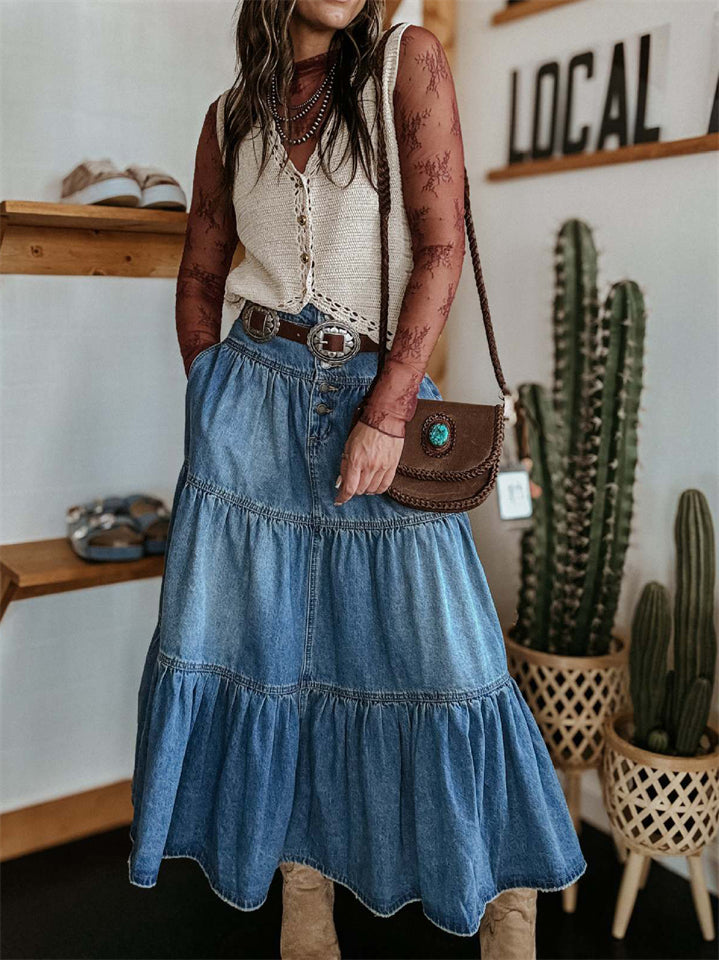 Women A-line Button Front Bohemian Denim Tiered Maxi Skirt