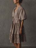 Women Shimmer Puff Sleeve Smocked Wedding Guest Dress