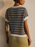 Womens Striped Short Sleeve Knit Top Casual Crewneck Tee