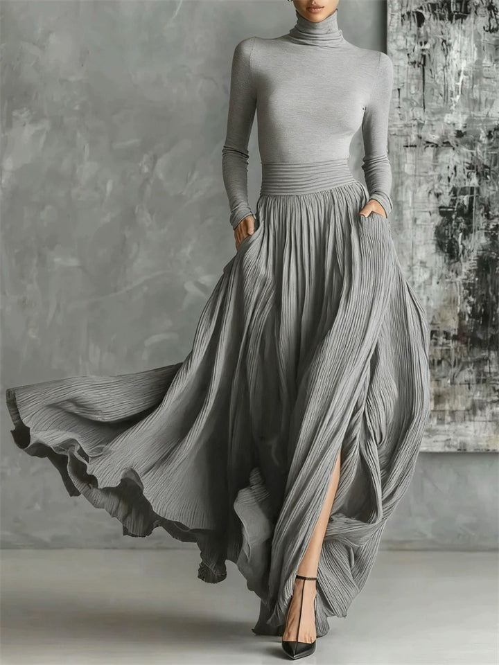 ‌Women's Autumn Vintage Elegant High Neck Top & Maxi Skirt Set‌