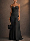 Women Elegant Lace Chiffon Spaghetti Strap Maxi Dress