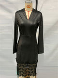 Women's Sexy Faux Leather Black Lace Patchwork V Neck Dress