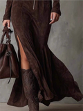 ‌Elegant Brown Zip Up Slim Fit Split Maxi Dress for Women‌