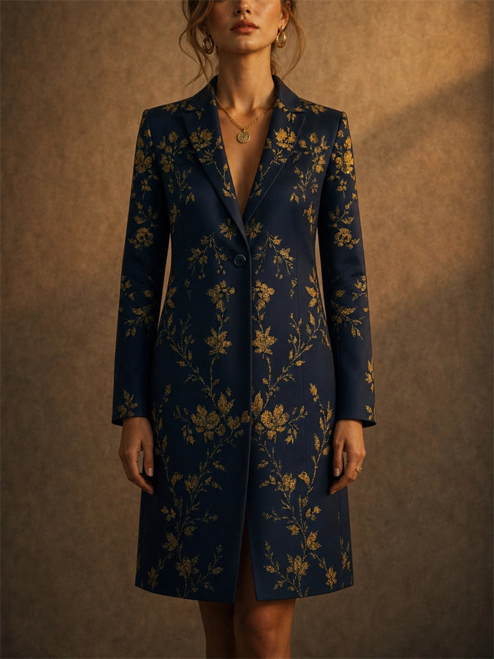 Women Elegant Navy Gold Floral Satin Tailored Long Blazer Coat