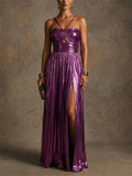Women Metallic Pleated Backless High Slit Evening Gown