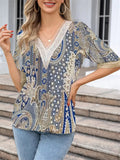 Women's Summer Comfy Printed Lace Patchwork V Neck Shirts