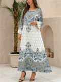 Women's Retro Elegant Printed Beads Round Neck Muslim Robe Dress