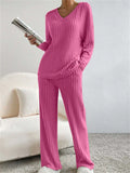 Women's Comfy V Neck Long Sleeve Ribbed Knit Top & Pants Outfits