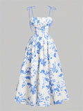 Women's Vintage Summer Floral Print Tie Strap Smocked Midi Dress