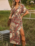 Women's Elegant Retro Print V Neck Short Sleeve Split Dress