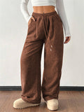 Women's Drawstring Loose Fit High Waist Corduroy Wide Leg Pants