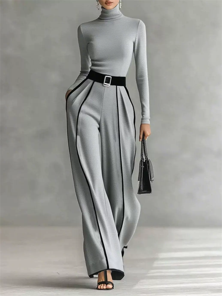 ‌Modern Grey Turtleneck & High Waist Contrast Piping Wide Leg Pants Set‌
