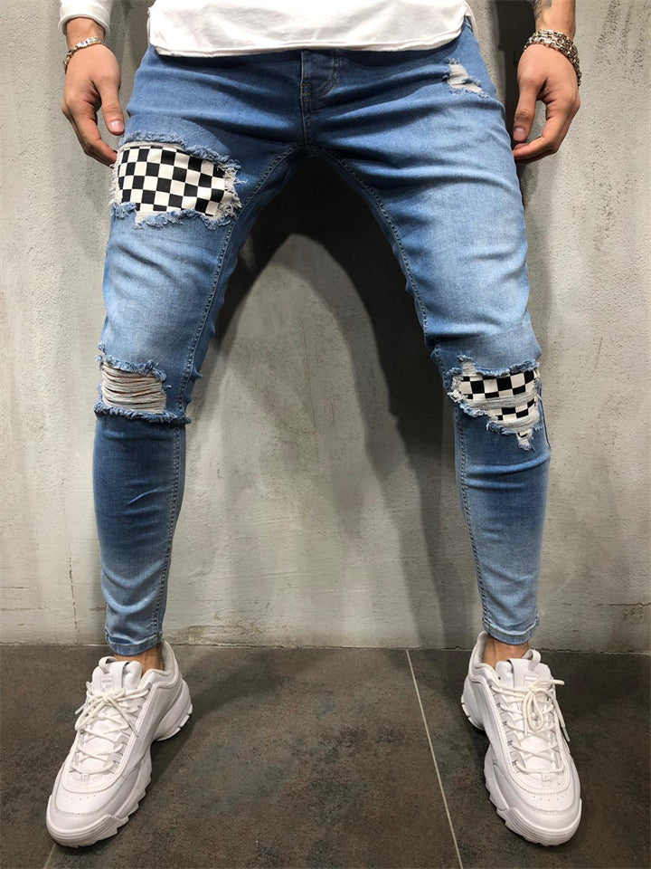 Male Casual Ripped Black White Plaid Patchwork Jeans