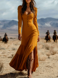 ‌Sexy Boho Chic Long Sleeve Button Front Maxi Dress for Women‌