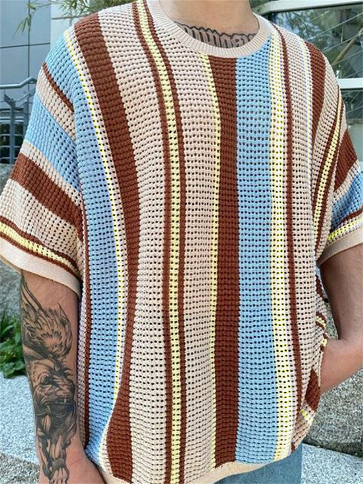Male's Summer Contrast Color Striped Round Neck Knitted Shirts