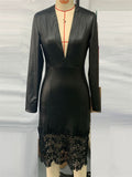 Women's Sexy Faux Leather Black Lace Patchwork Deep V Neck Dress