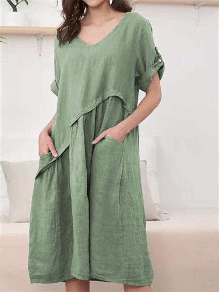 Simple Relaxed Plain V-neck Midi Dress for Women
