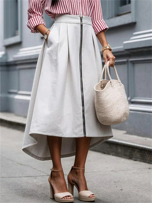 Women's Trendy Solid Color Pleated Zip Up High Waist Asymmetric Hem Skirts