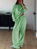 Women's Comfy Round Neck Striped Loose Fit Casual Top and Drawstring Pants Set