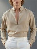 Men's Stand Collar V Neck Linen Blend Slim Fit Casual Shirt