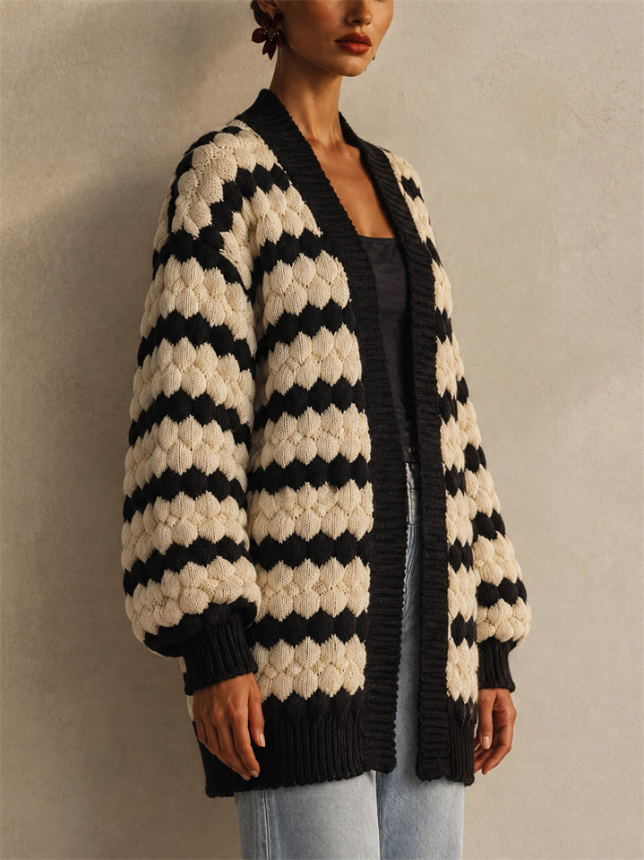 Women Chunky Knit Cardigan Black Beige Striped Open Front Sweater
