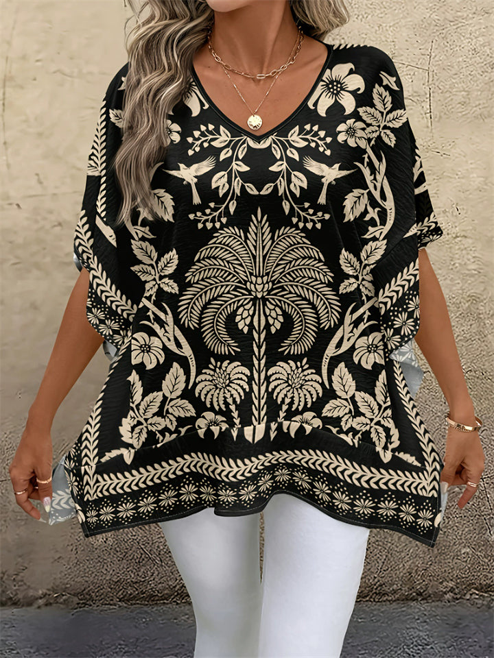 Women's Casual Simple Printed V Neck Patchwork Short Sleeve Shirts