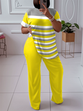 Plus Size Women's Loose Fit Color Block Striped Short Sleeve Shirt and Pants Set