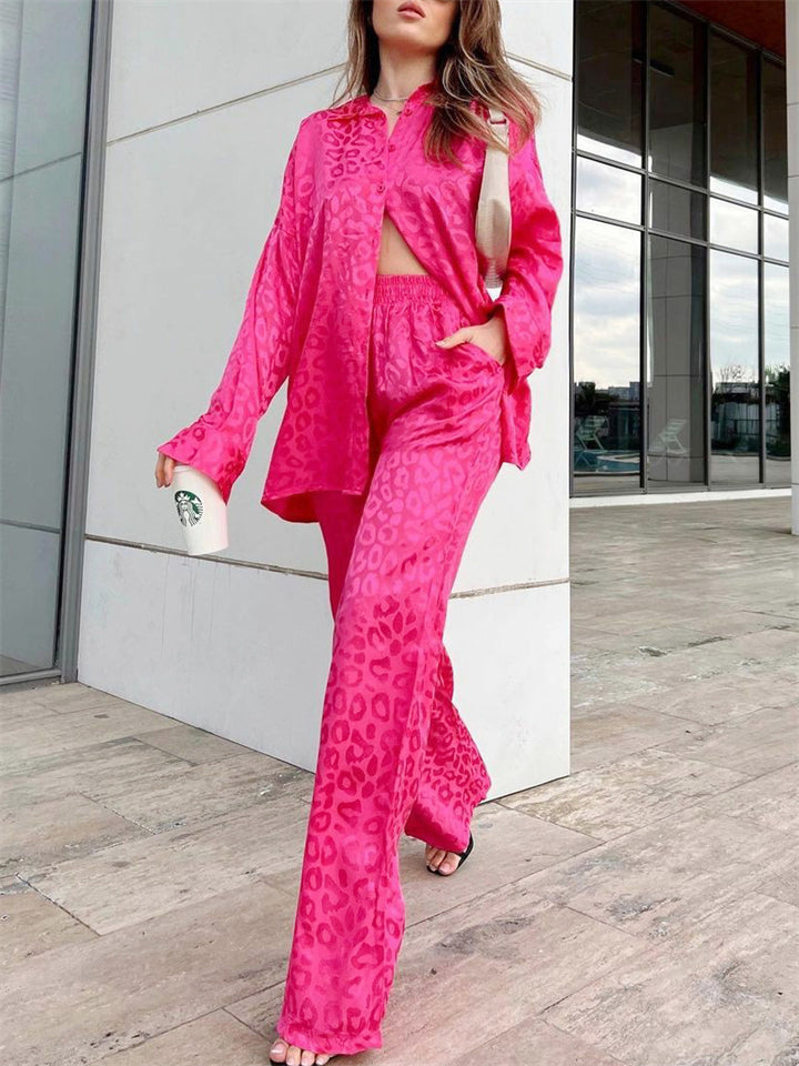 Comfy Long Sleeve Leopard Print Shirt and Wide Leg Pant Set For Women