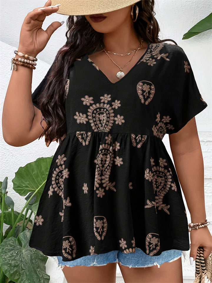 Plus Size Women's Summer Print V Neck Big Hem Short Sleeve Shirt